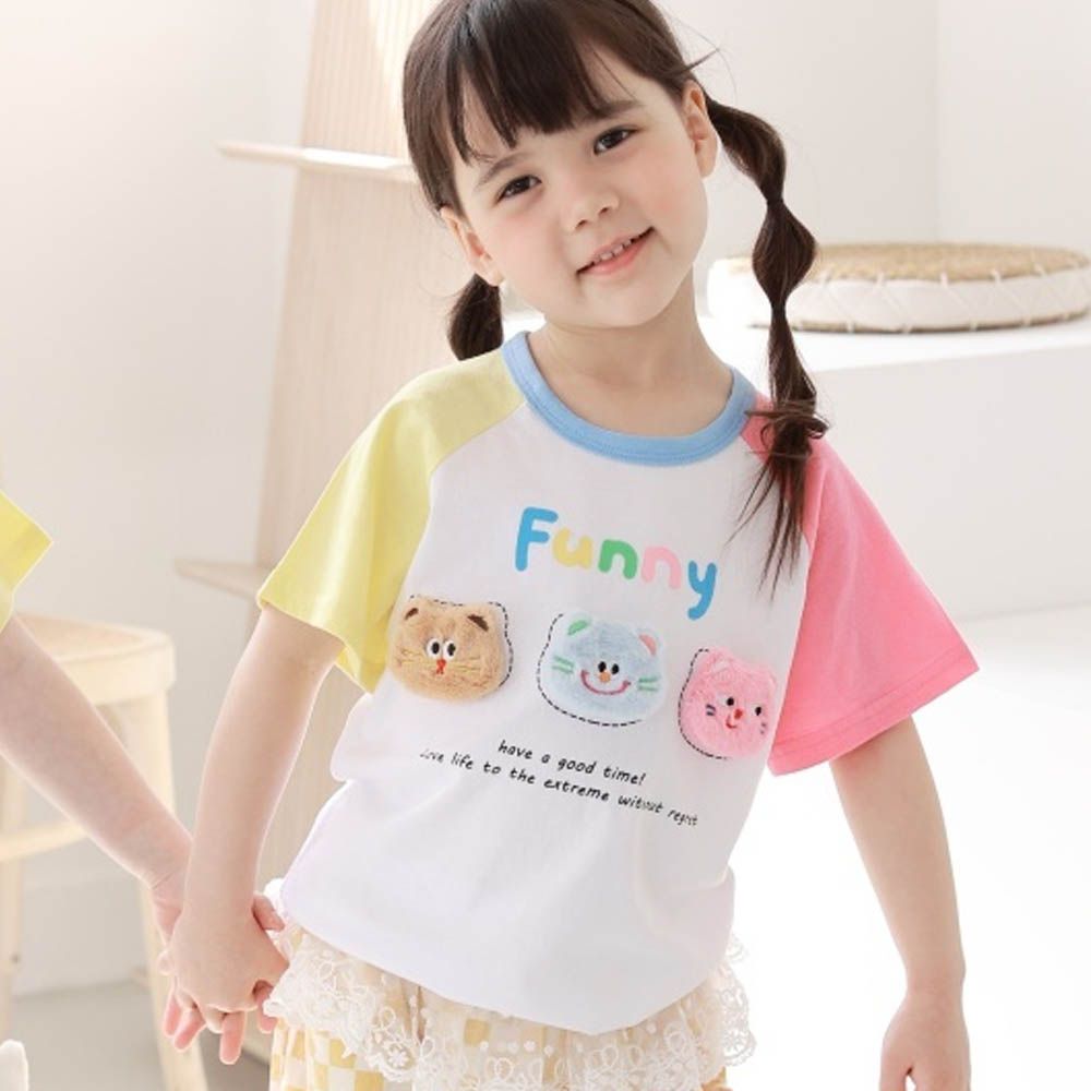 立體毛絨貓咪撞色短袖上衣-黃X粉