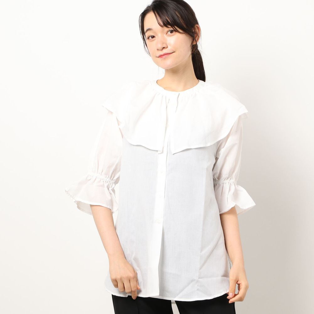 日本 Riche Glamour - 浪漫大荷葉五分袖襯衫-白