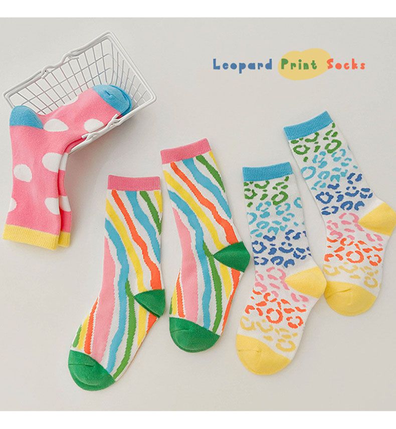 兒童中筒襪 (三入一組)-1097彩虹豹纹襪