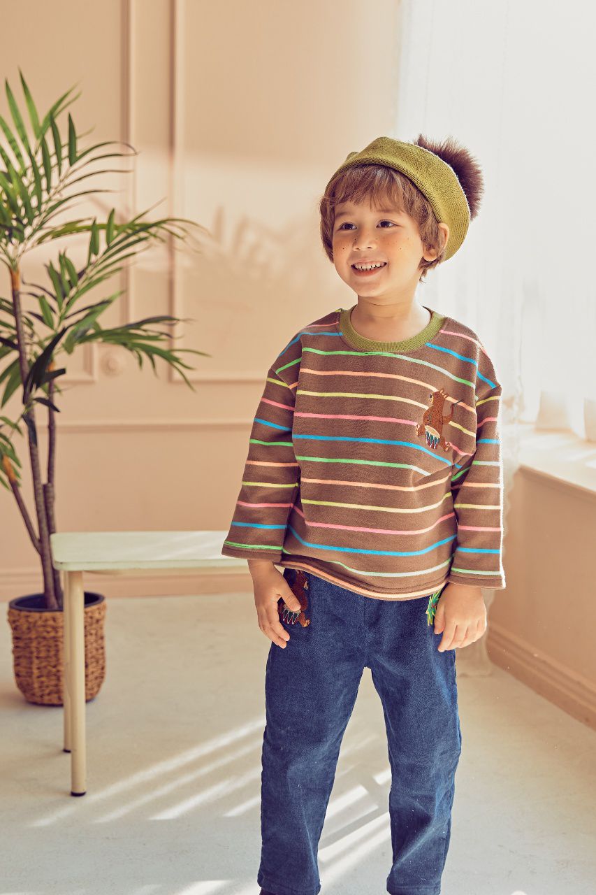 韓國 Mimico - (裏起毛)刺繡打鼓熊條紋T-棕