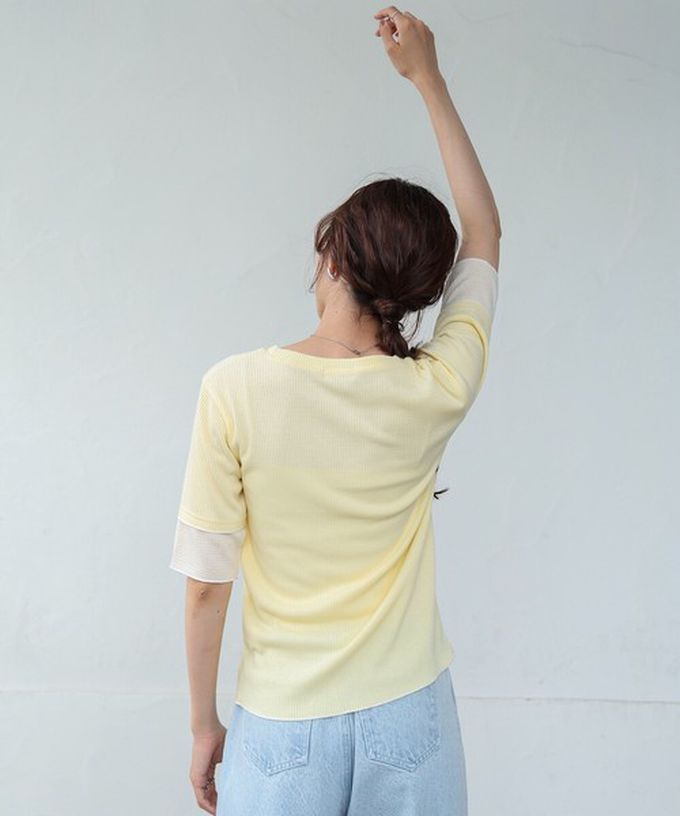 日本 Bab - 柔美線條羅紋異材質短袖上衣-卡其 (M)