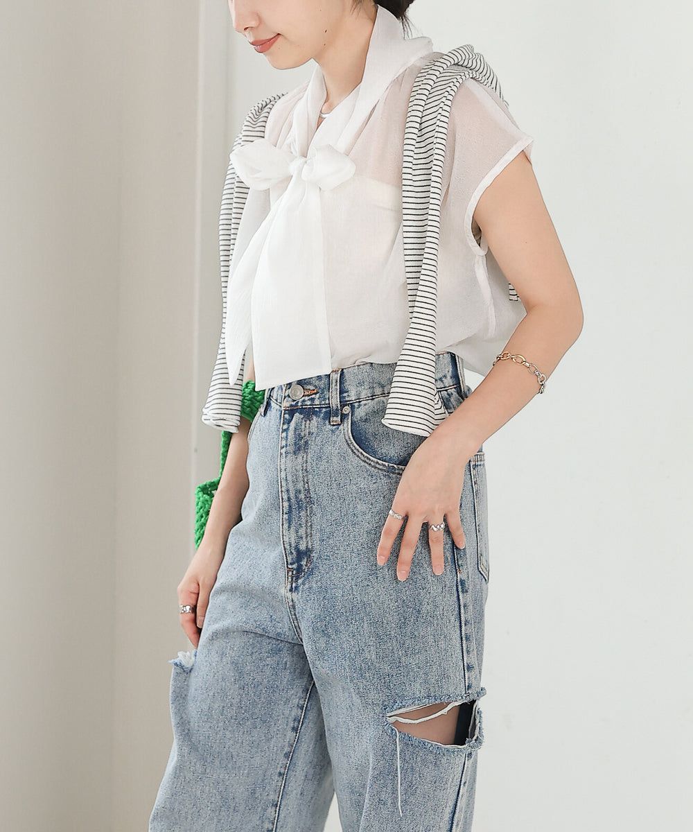 日本 Bab - 歐根紗紐結法式袖上衣-白