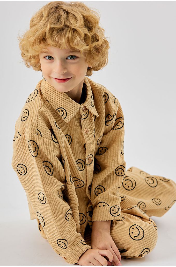 韓國 OZKIZ - 圓形笑臉印燈芯絨翻領長袖襯衫-卡其