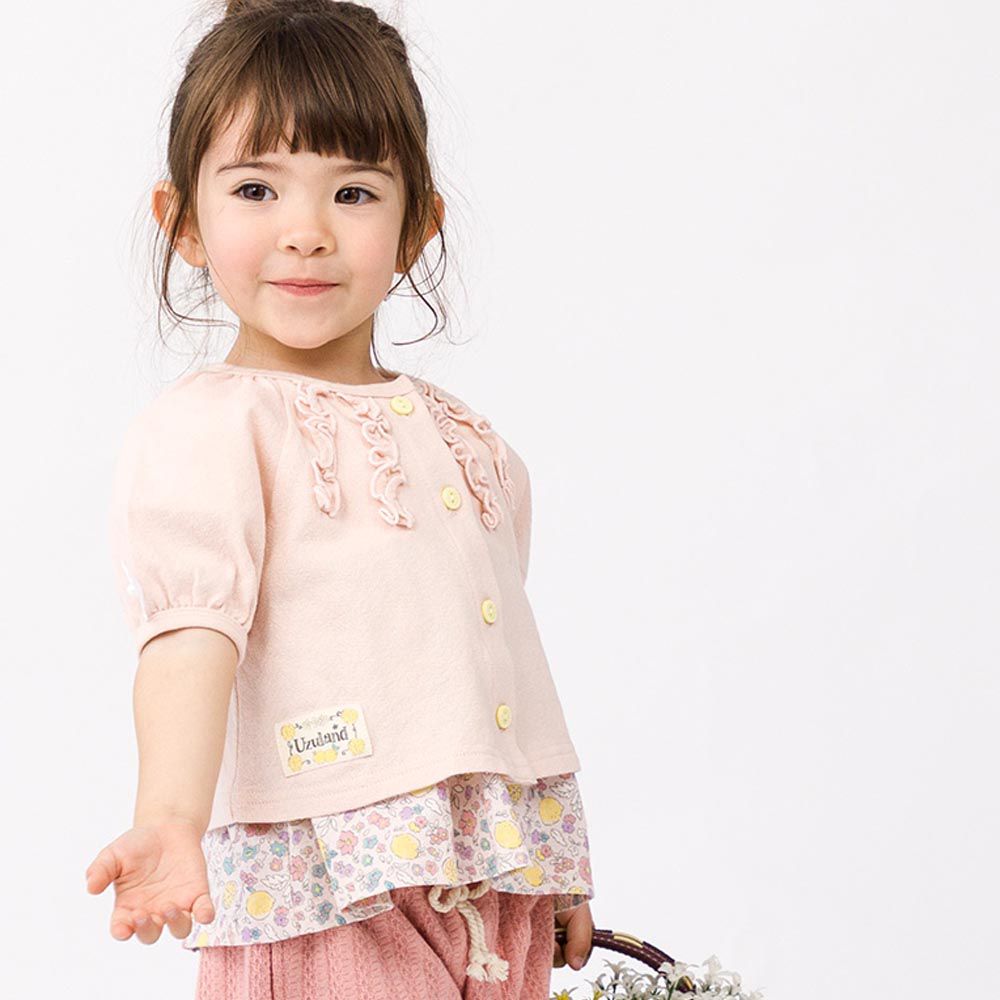 日本 ZOOLAND - 100%棉摺邊短袖開襟外套-袖花朵-粉紅