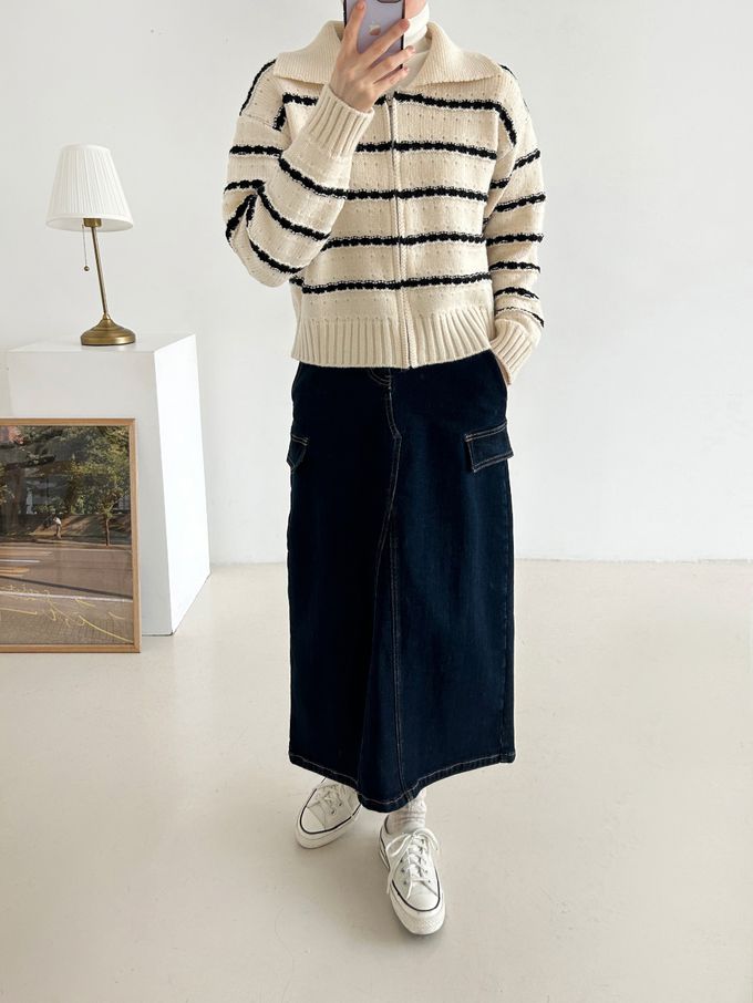 韓國女裝連線 - 勾線條紋針織翻領外套-黑底X米白 (FREE)