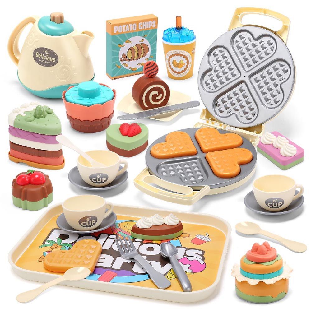 CuteStone - 兒童仿真鬆餅機與小蛋糕切切樂套裝玩具23件組
