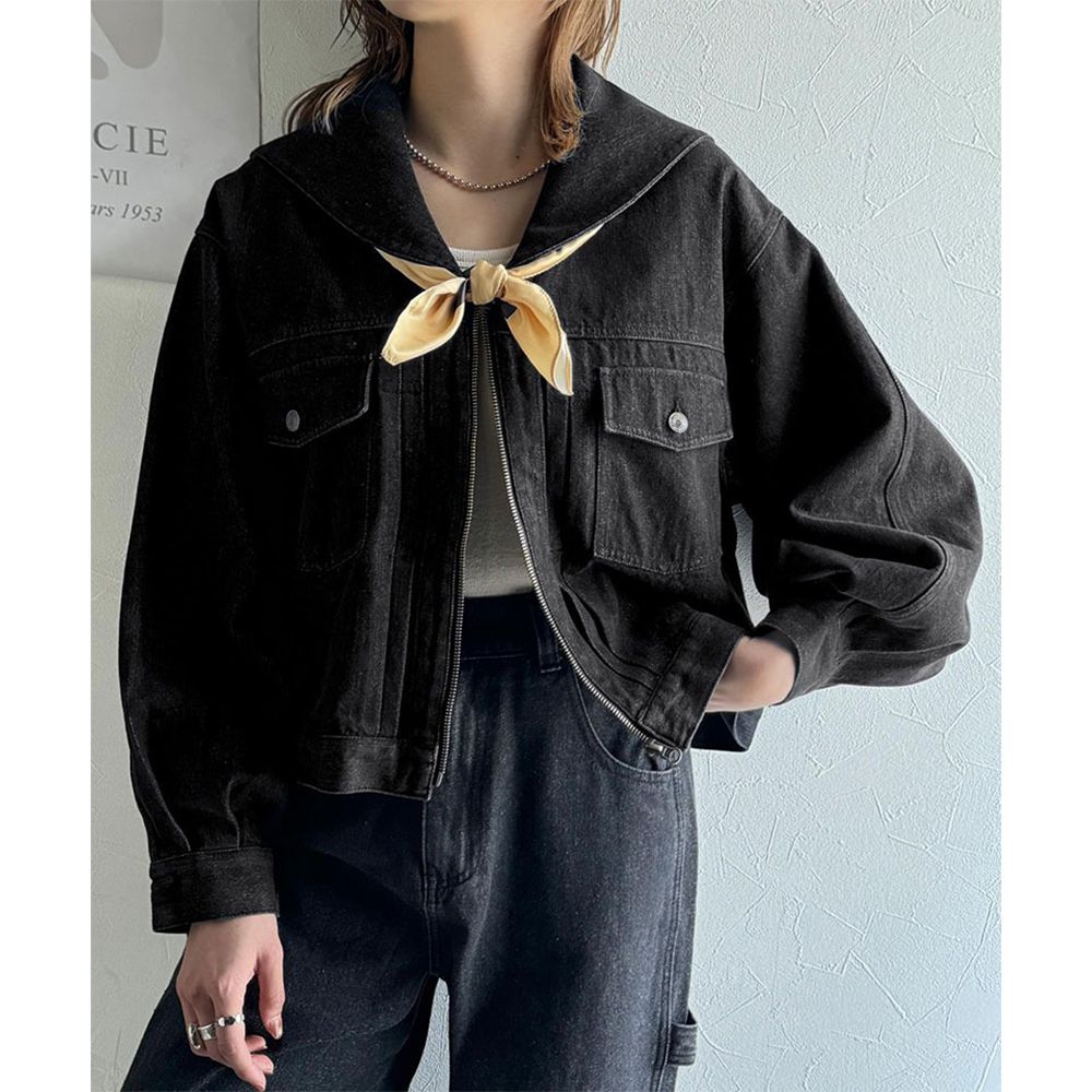 俏麗水手領拉鏈牛仔外套-刷色黑