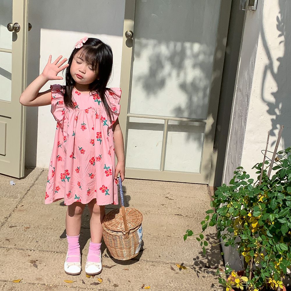 浪漫荷葉袖棉質連身洋裝-繽紛愛心-白色