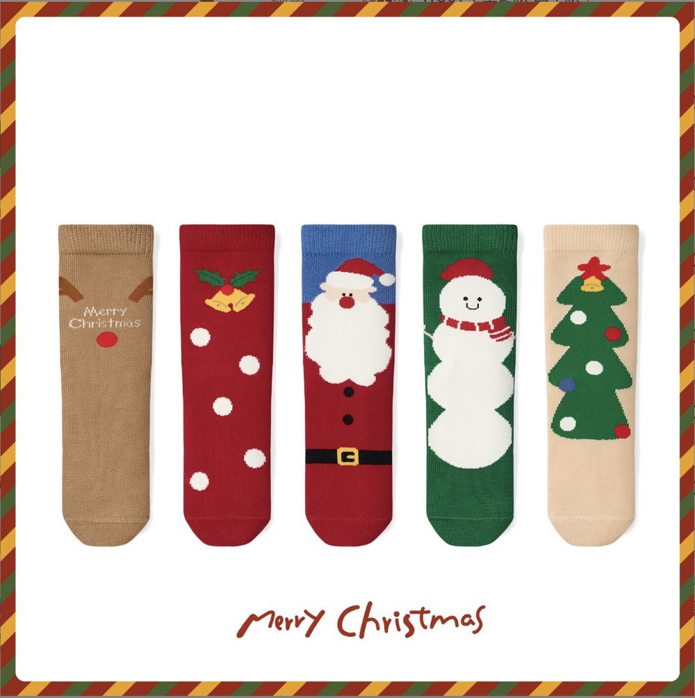 love, charlotte - 聖誕老公公雪人聖誕主題無骨中筒棉襪(腳長9cm起)-5 雙一組