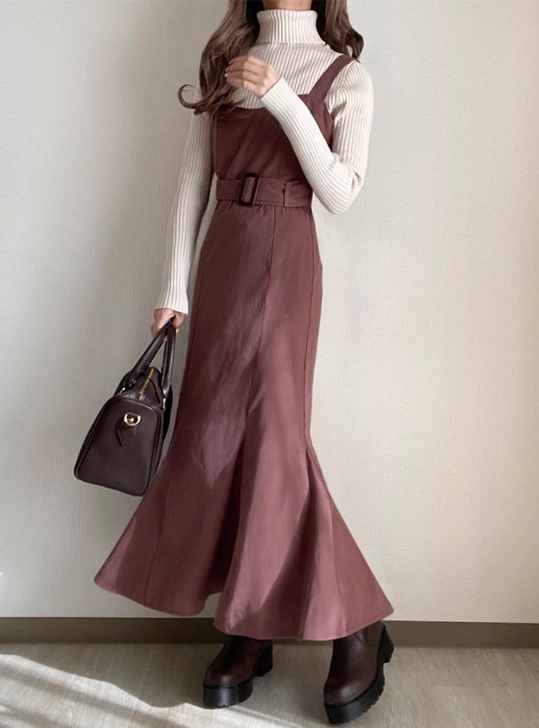 日本 GRL - 麂皮感愛心領魚尾吊帶裙-罌粟粉