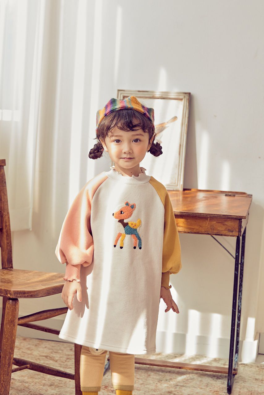 韓國 Mimico - (裏起毛)(附髮帶)立體小鹿拼接色泡泡袖洋裝