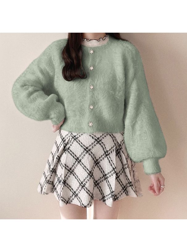 日本 GRL - 花朵珍珠釦毛絨外套-奶茶灰 (F)