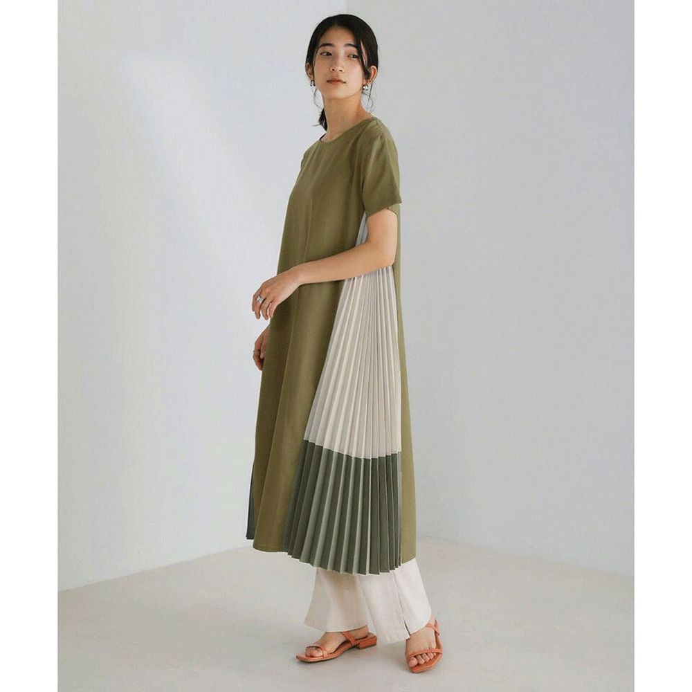 日本 Bou Jeloud - 時尚撞色百褶拼接短袖洋裝-綠色系