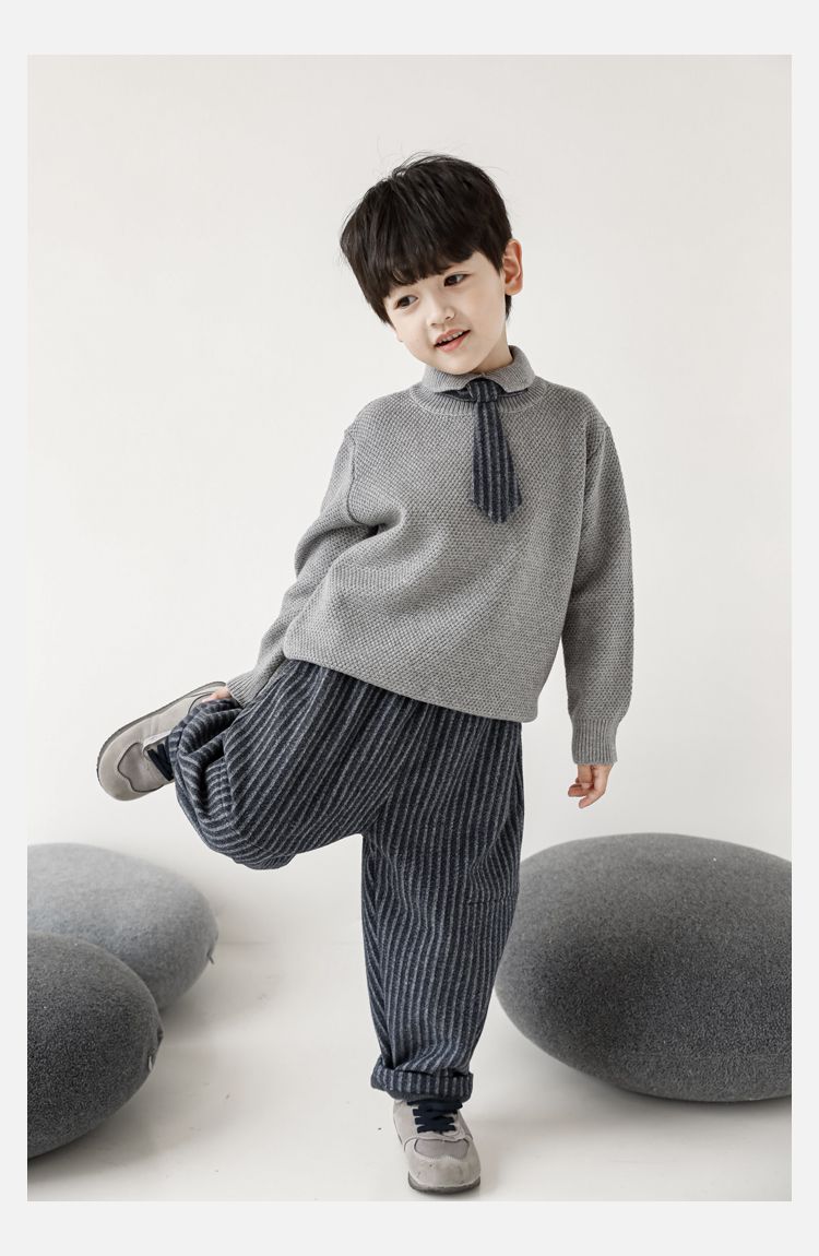 TONGMO - (加絨)小紳士腰鬆緊休閒條紋寬褲-黑+灰