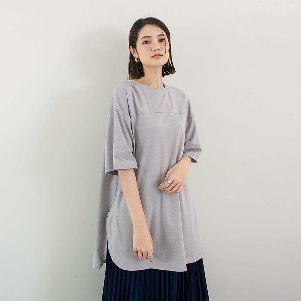 圓領休閒側開衩長版上衣-淺灰 (F)