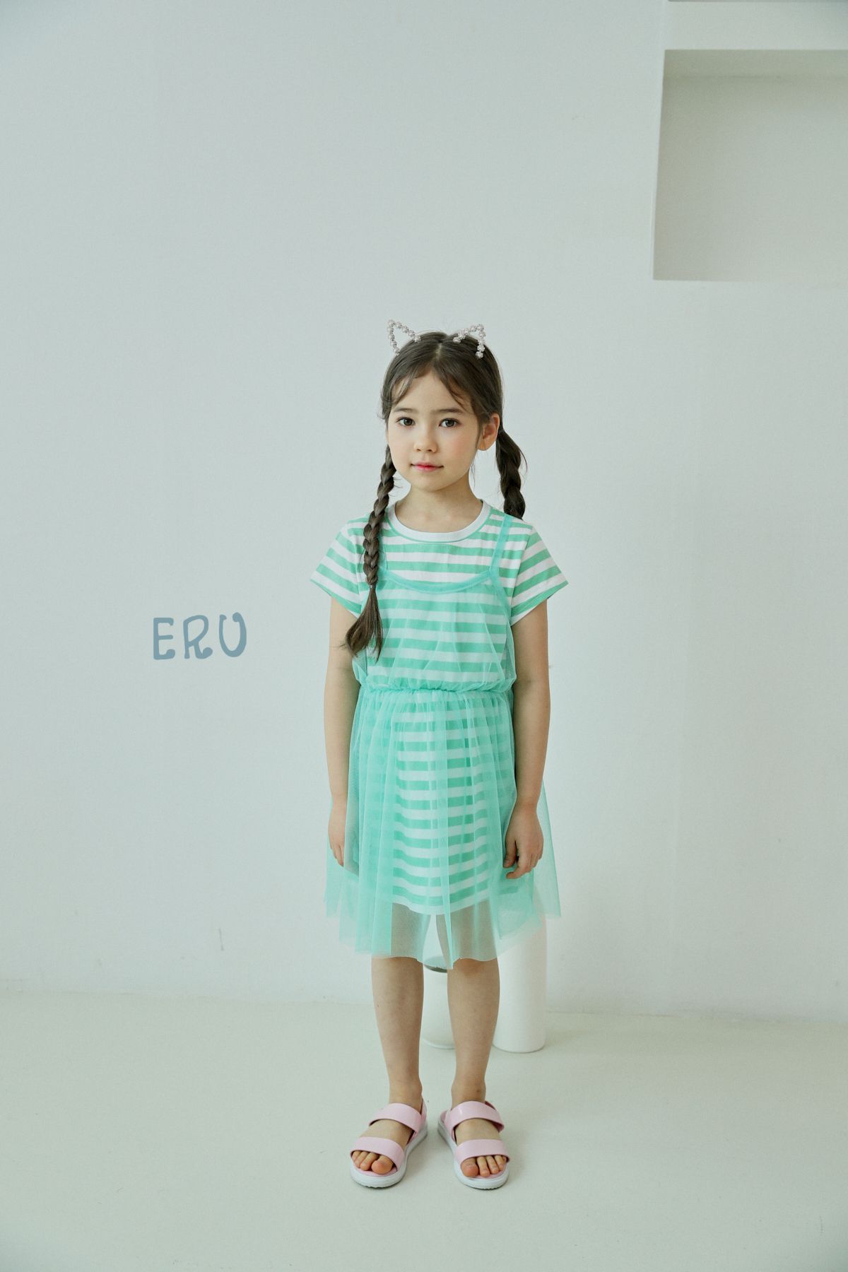 韓國 ERU - 假兩件條紋網紗洋裝-粉紅