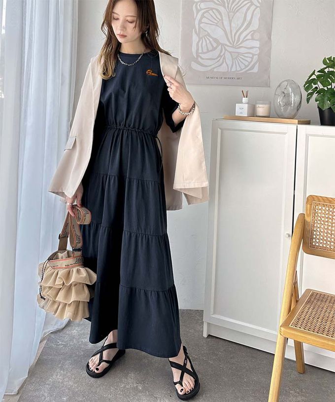 日本 Classical Elf - 簡約logo刺繡 腰抽繩分層短袖洋裝-海軍藍