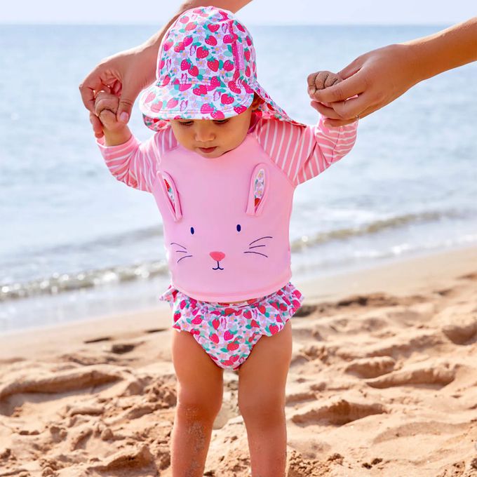 英國 JoJo Maman BeBe - 嬰幼兒/兒童泳裝戲水UPF50+防曬護頸遮陽帽-甜蜜草莓