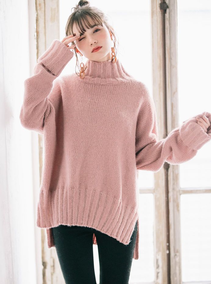 日本 GRL - 慵懶少女高領超長袖毛衣-櫻花粉