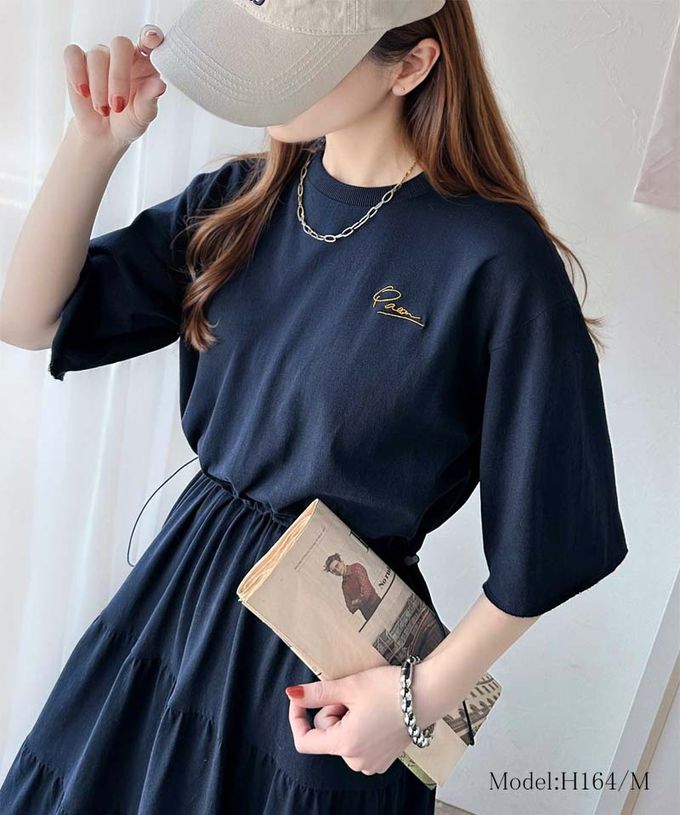 日本 Classical Elf - 簡約logo刺繡 腰抽繩分層短袖洋裝-海軍藍