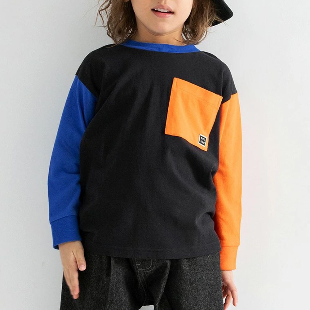 100%棉 簡約口袋長袖上衣-橘藍撞色-黑