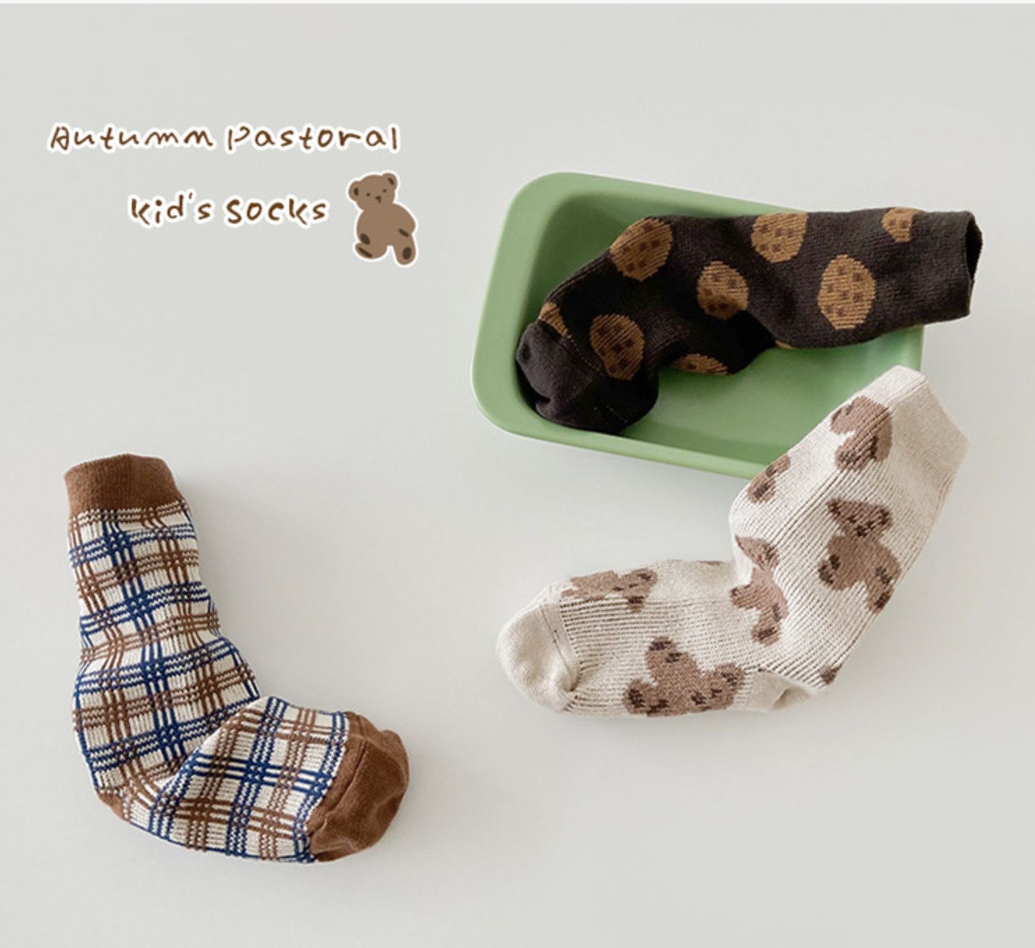 love, charlotte - 小熊與餅乾精梳棉中筒襪-3 雙一組