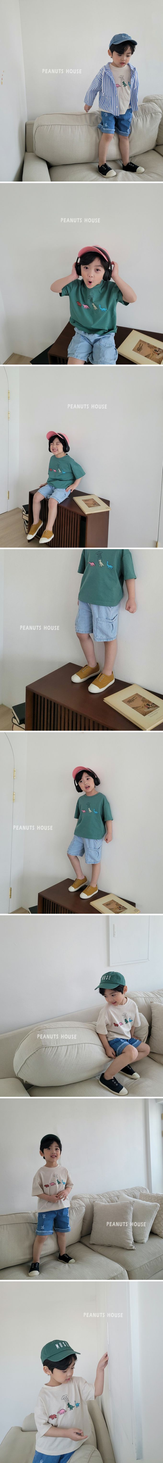 韓國 Peanuts House - 純棉印花圓領短袖上衣-恐龍幽浮-深綠