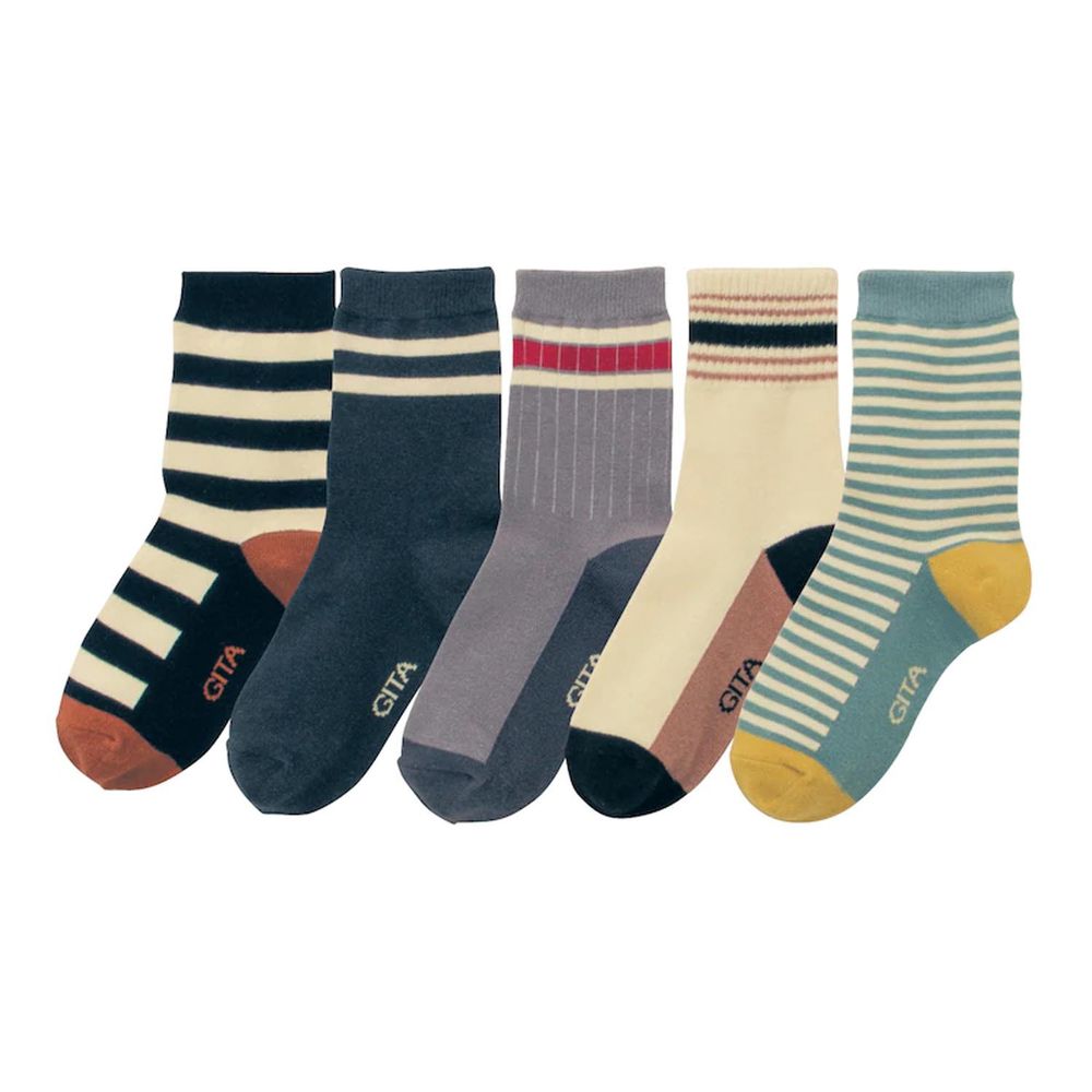 日本千趣會 - GITA 超值中筒襪五件組-莫蘭迪條紋