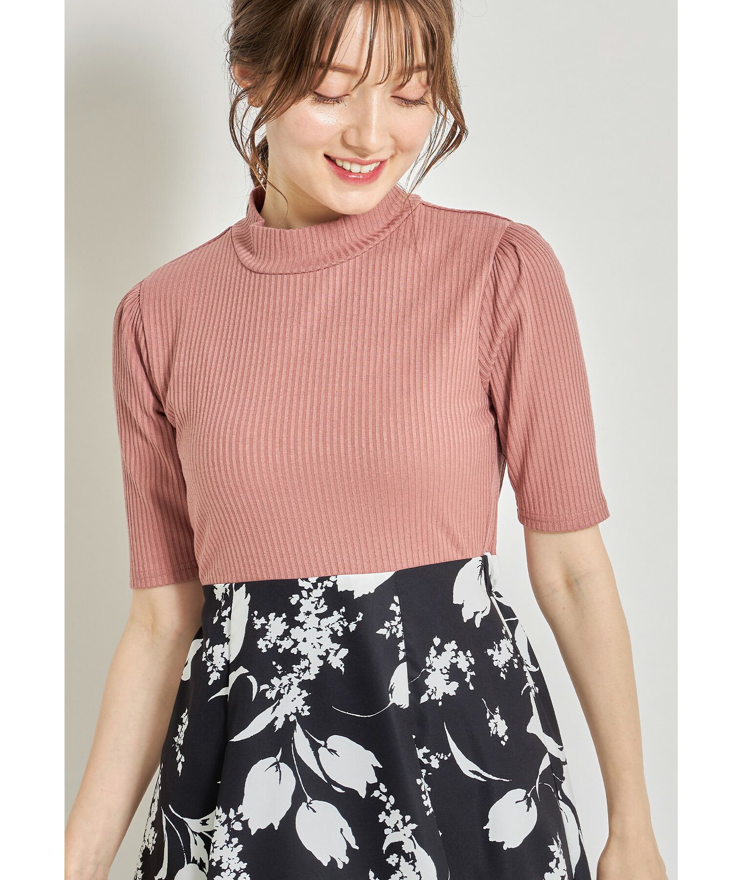 日本 tocco-closet - 修身羅紋拼接洋裝-鬱金香-黑x杏