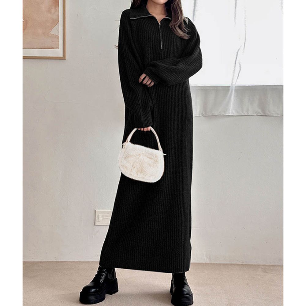 半拉鍊寬版粗針織休閒洋裝-黑 (F)