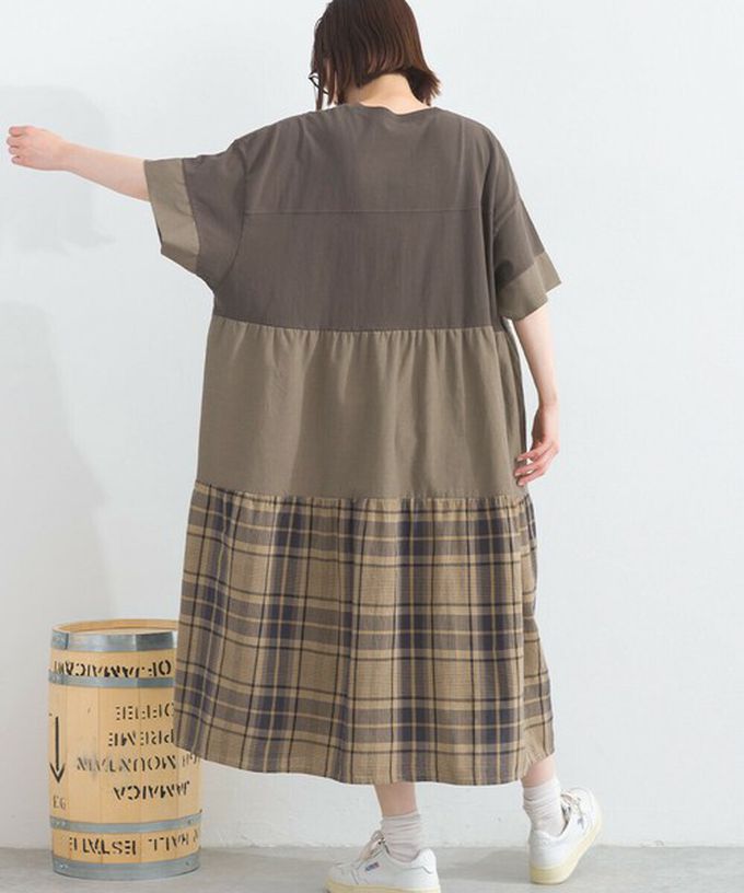 日本 Lupilien - 復古學院風 撞色格子拼接短袖洋裝-咖啡棕