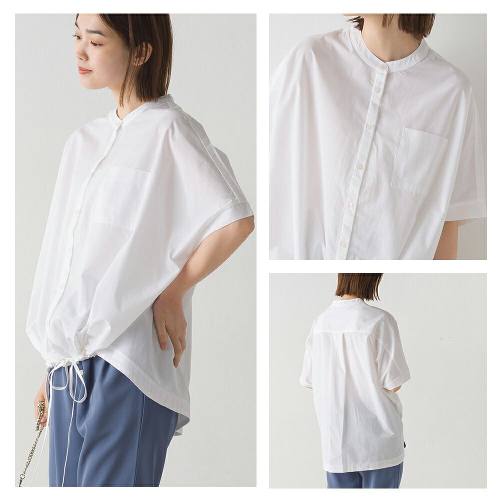 日本 OMNES - 下擺抽繩落肩短袖襯衫-簡約白