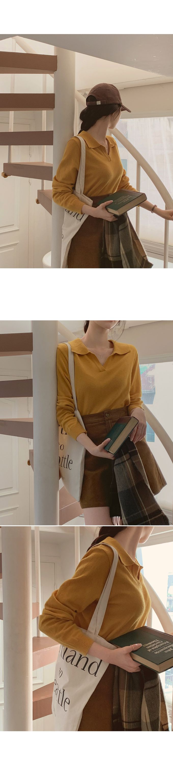 韓國女裝代購 - 小V翻領混羊毛長袖針織上衣-燕麥 (FREE)