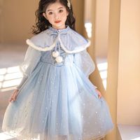 love, charlotte - 冬季毛絨領披肩公主長袖洋裝-洋裝+毛絨小領子+珍珠髮箍-淺藍色