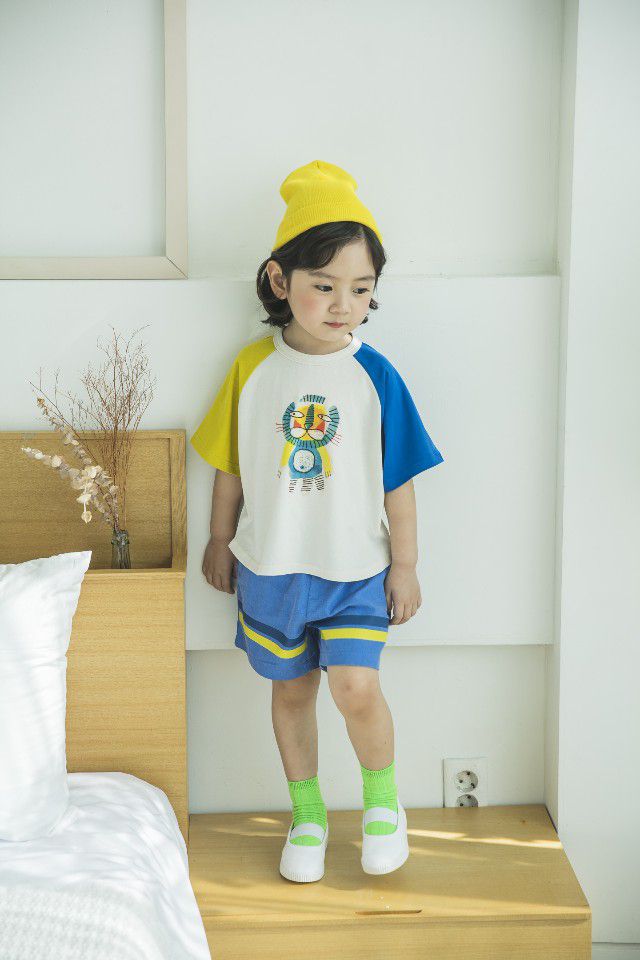 韓國 Mimico - 拼接色滑稽獅子T-藍