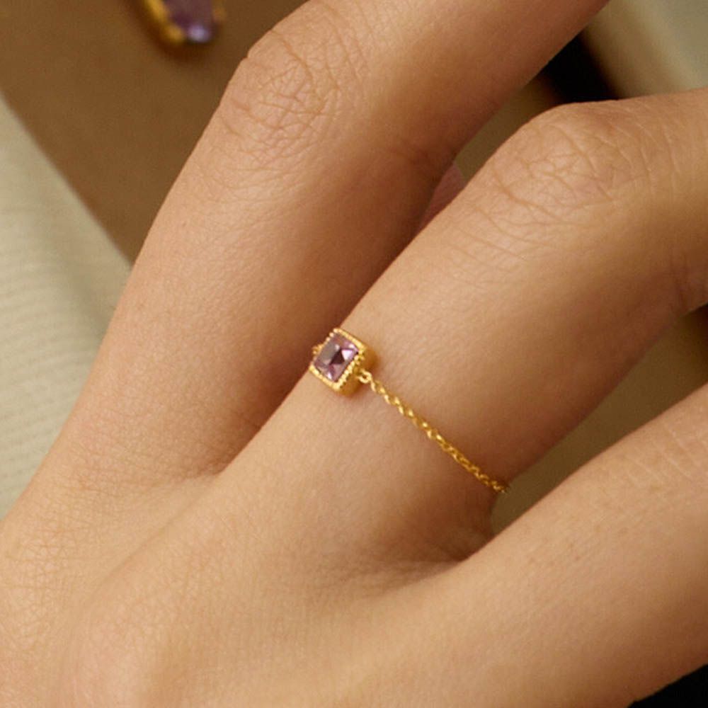 彩色方形寶石戒指鏈環-粉紅鑽