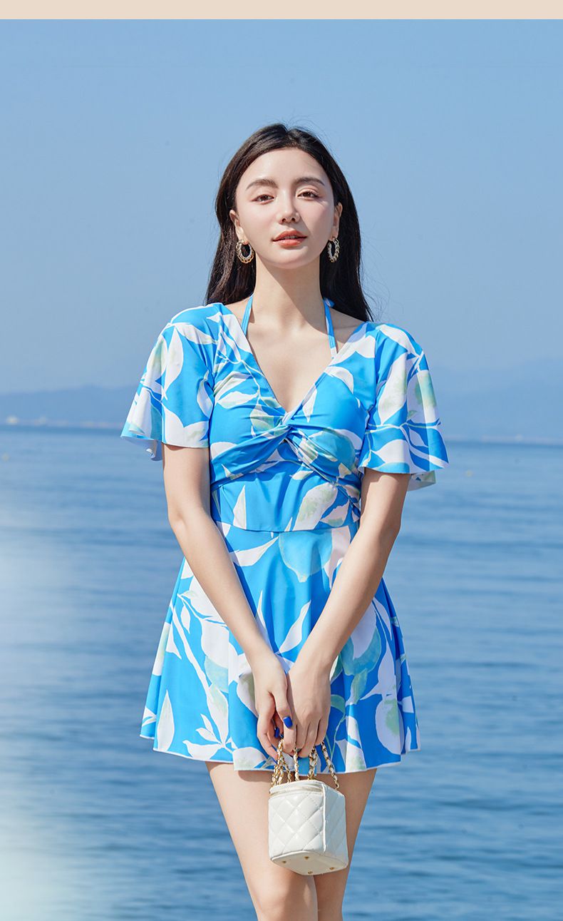 渡假風V領修身顯瘦遮肉連身裙泳衣-藍色