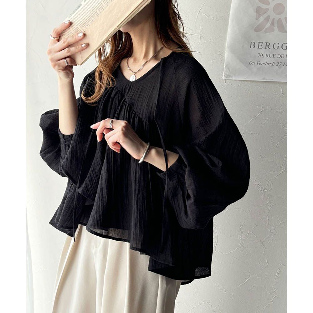 清新飄逸不對稱荷葉長袖上衣-黑