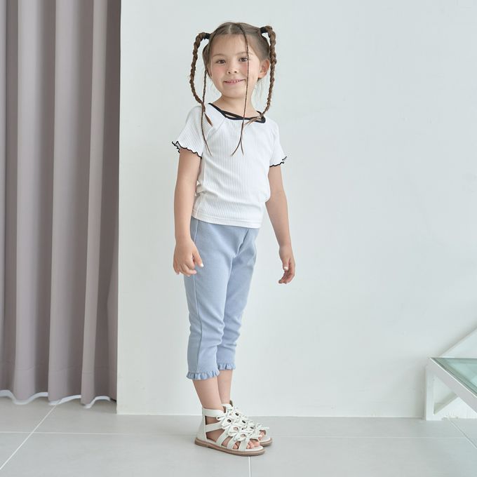 日本 Lycee mine - 接觸冷感 荷葉下襬七分褲-米白心型