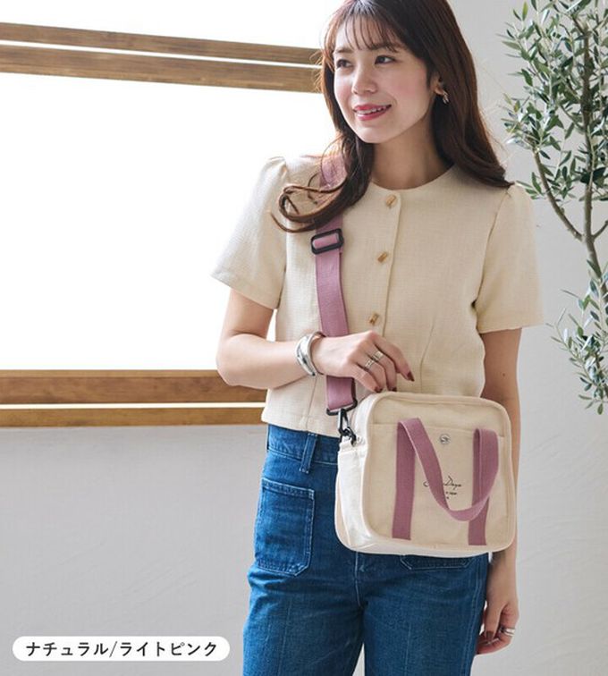 日本 LIZDAYS - 2way輕量文藝方形帆布小包-米杏x粉紅