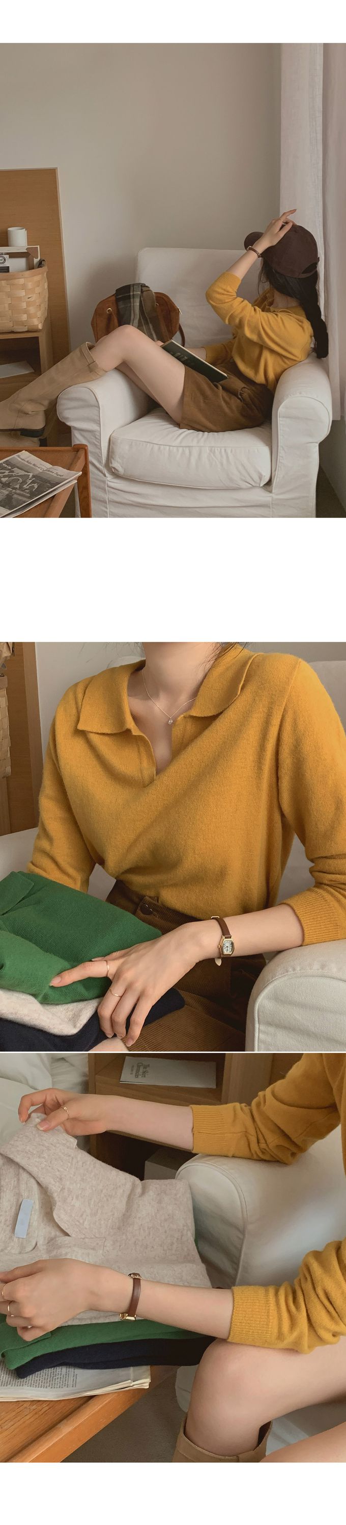 韓國女裝代購 - 小V翻領混羊毛長袖針織上衣-燕麥 (FREE)