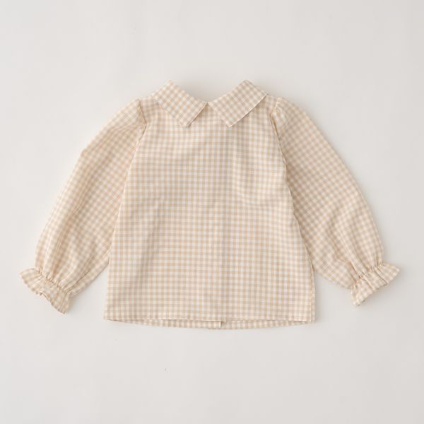 日本 Lycee mine - 大蝴蝶結優雅糖果袖襯衫-格子-卡其