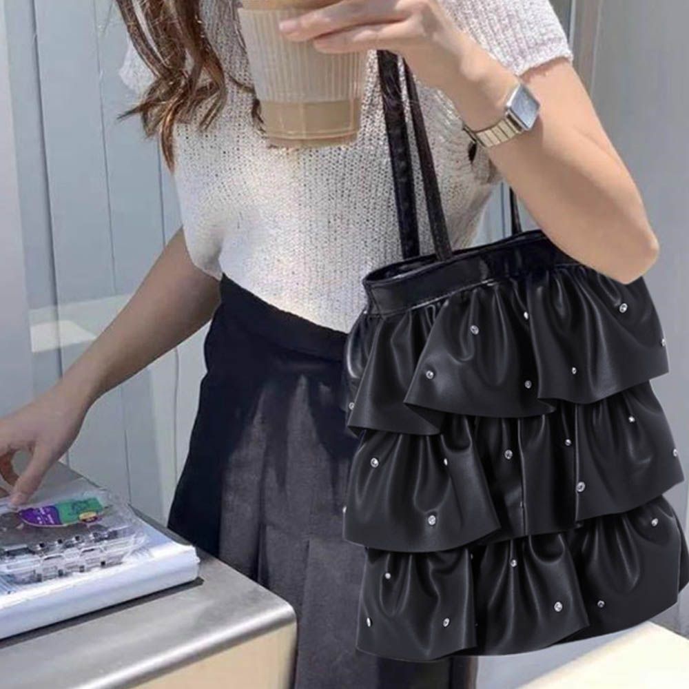 魅力荷葉寶石點綴肩背托特包-黑 (F)