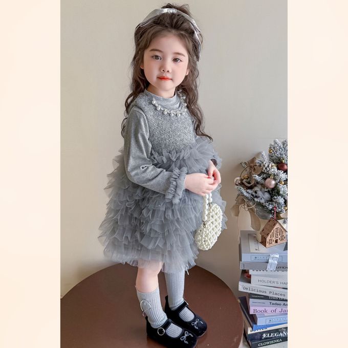 新年拜年Party法式甜美珍珠鑽飾領口蛋糕網紗洋裝