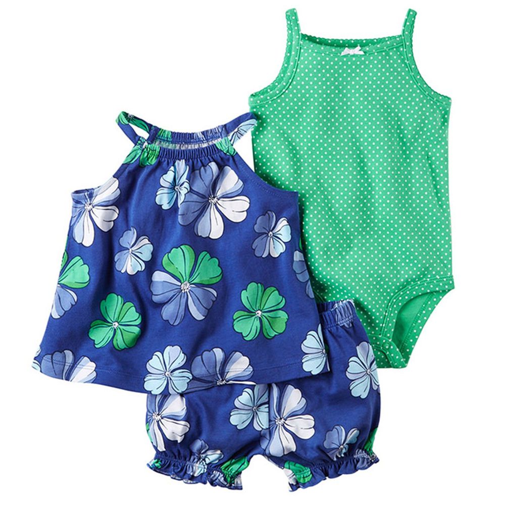 美國 Carter's - 嬰幼兒短褲套裝三件組-藍色的花