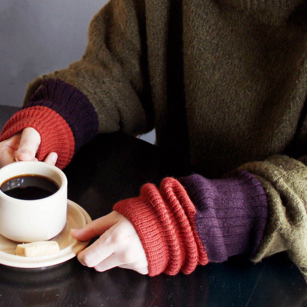 日本製 羊毛混絲綢保暖半截手套-磚橘x深紫 (F)