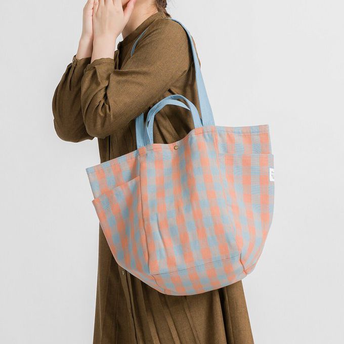 日本 Chepeli - [定番]印度棉大容量2way手提包(15L)-蘋果綠格紋 (約34x46x20cm)