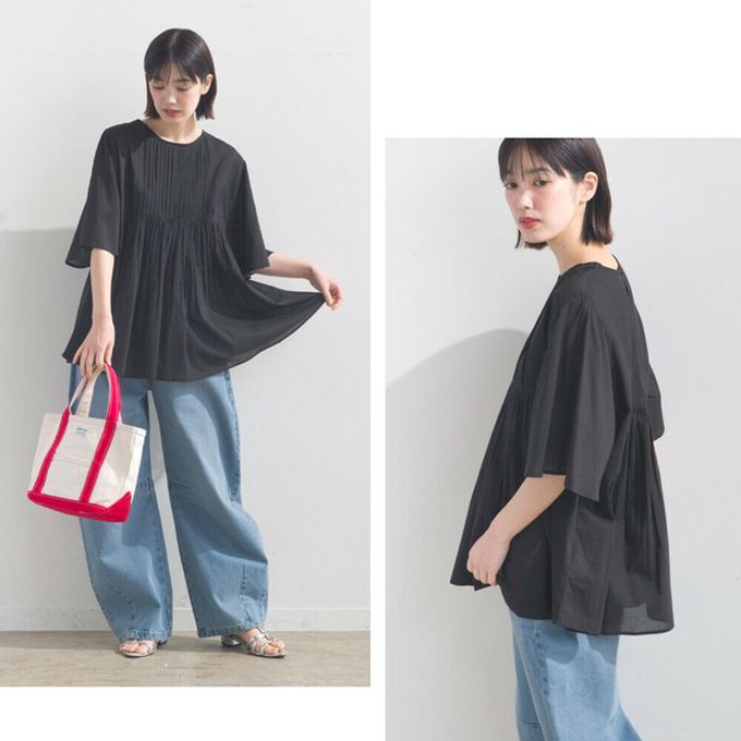 日本 OMNES - 純棉巴里紗柔美皺摺寬袖上衣-灰棕