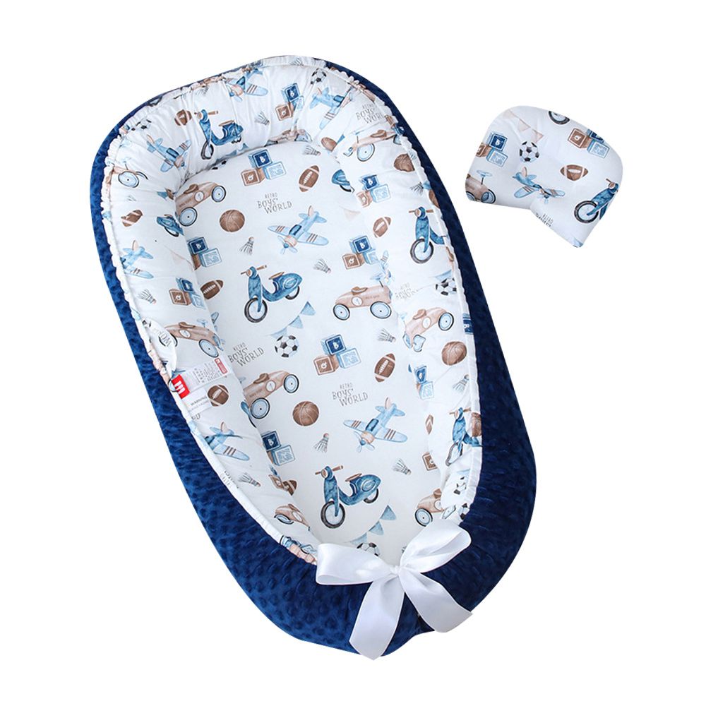 JoyNa - 嬰兒床中床 泡泡絨加厚便攜式可折疊寶寶床 贈枕頭/防塵袋-深藍摩托 (50*80*13cm)