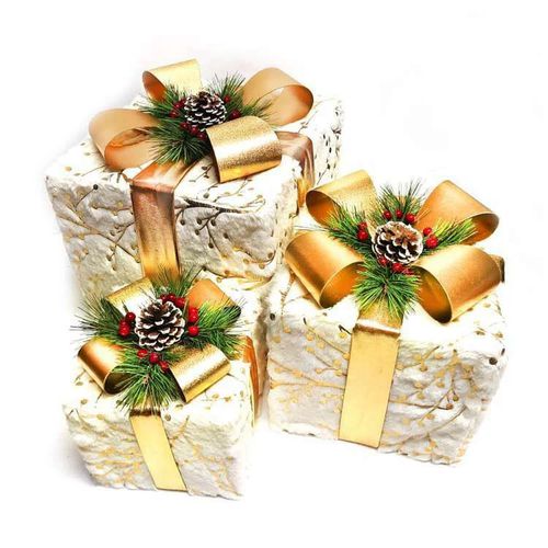 MODACore 摩達客 - 白毛絨燙金花紋蝴蝶節禮物盒套組擺飾(一組含大中小三入)